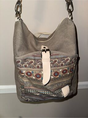 Canvas Aritsan Bucket Shoulder Bag with Patterned Front Pocket - Gray